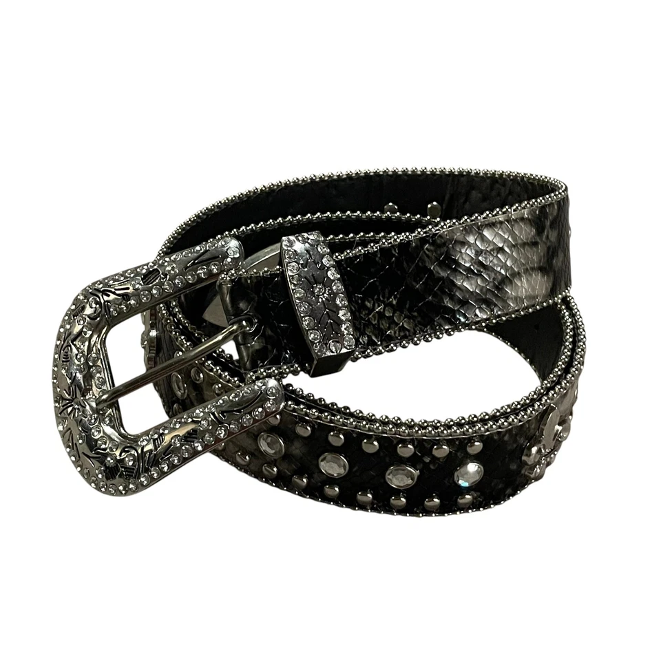 Rhinestone Studded Belt Women 2X Black Silver Fleur de Lis Faux Snake Cowgirl - Image 1 of 4