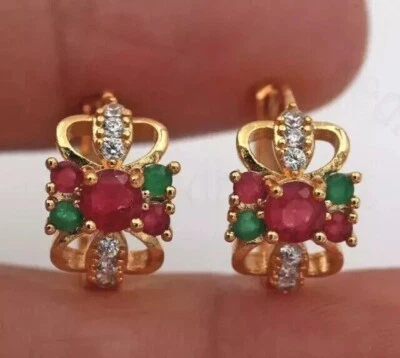 2Ct Round Cut Simulated Red Ruby Women's Hoop Earrings In 14k Yellow Gold Plated - Image 1 of 4
