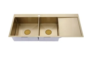 Brushed Brass Gold stainless steel 304 double bowl kitchen sink drainer on right - Picture 1 of 9
