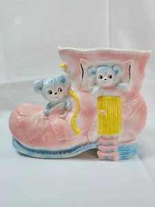 Vintage 1950s Baby Boot Home with Pink Blue Teddy Bear Ceramic Planter C-8212 - Picture 1 of 11