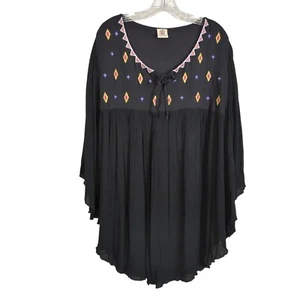 Gypsy Rose Black Embroidered Poncho Top With Tie Neck Flowing Sleeves Boho sz M - Picture 1 of 11