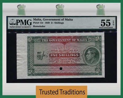 TT PK 12r 1939 MALTA 5/- SHILLINGS KING GEORGE VI RARE PMG 55 EPQ POP TWO! - Image 1 of 2