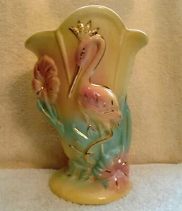 Vintage Yellow Hull Vase With Crane or Heron in Pink and Green Gold Trim No. 85 - Picture 1 of 8