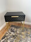 Bedside Table Black Wood Gold Legs One Drawer & Art Deco Print for Extra Detail