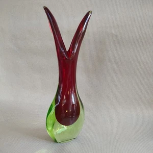 Vintage 60's Murano Art Glass Beaked Vase Sommerso Red & Uranium Glass 8" Tall - Picture 1 of 14