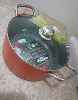 Domo Diametro 11" Stock GRANDE Pentola Padella Alluminio con Coperchio in Vetro Made in Italy Rosso  - Immagine 1 di 4