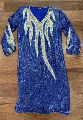 Vestido recto de seda de colección con lentejuelas y cuentas azul púrpura oro plata llamas talla M Foto 1 de 4