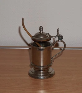 altes Senftöpfchen silberfarben mit Glasbehälter Holzinlay und Holzlöffel - Bild 1 von 8