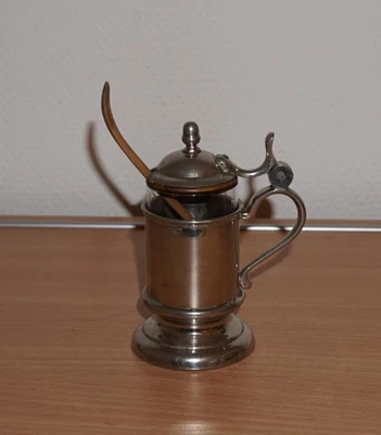 altes Senftöpfchen silberfarben mit Glasbehälter Holzinlay und Holzlöffel - Bild 1 von 4