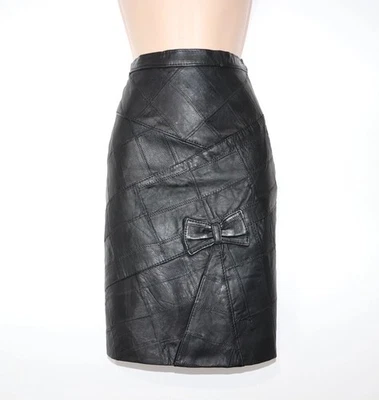 Women's VTG Black 100% Leather Patchwork Lined Pencil Knee Length Skirt UK8 W27 - Image 1 of 4