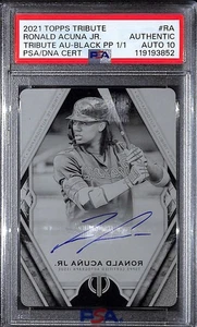 2021 Topps Tribute RA Ronald Acuna Jr. Black Printing Plate 1/1 Auto PSA 10 - Picture 1 of 2