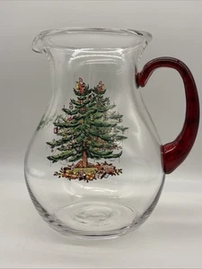 Spode Christmas Tree Glass Pitcher Rare Red Handle Tree Gifts 96 Oz 9” Tall READ - Picture 1 of 13