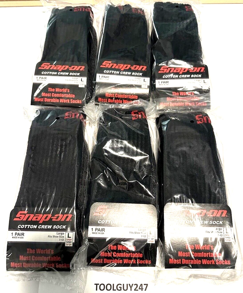 SNAP ON TOOLS USA NEW 6 Pairs Crew Socks Men's BLACK LARGE FREE SHIP MADE IN USA - Image 1 of 4