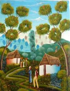 Tropical Original Oil Painting Signed 8x10 Country Natives Hand Stretched Canvas - Picture 1 of 9