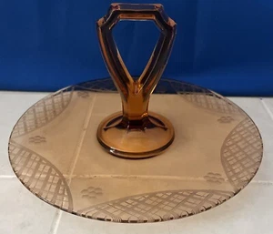 1930s Amber Depression Glass Serving Plate With Handle Etched Pattern - Picture 1 of 2