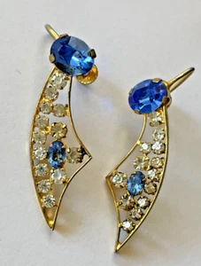 Pendientes Vintage Hechos Austria AB Estrás Azul Lámina Dorada Trasera Tono Dorado - Imagen 1 de 5