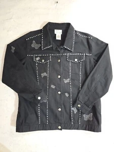 The Quacker Factory Black Denim Jacket Rhinestone Butterflies Women's Size Large - Picture 1 of 11