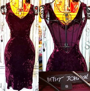 Betsey Johnson Vintage 90s Y2K Eggplant Stretch Crushed Velvet Backless Dress S - Picture 1 of 12