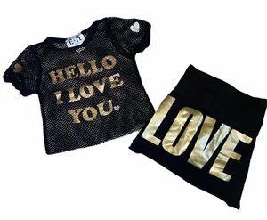 Hope Jeans girls 2pc gold HELLO LOVE black fishnet crop top and mini skort set 4 - Picture 1 of 3