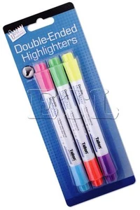 3 x Double Ended Highlighters Pens Bright Neon Colours Chisel Tip School Office - Bild 1 von 1