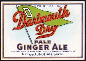 Etiqueta de botella de soda pop vintage DARTMOUTH DRY PALE GINGER ALE Newport NH n-como nueva+ - Imagen 1 de 2