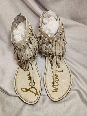 SAM EDELMAN GRIFFEN SANDALS SIZE 9 FRINGE BACK ZIPPER GLADIATOR THONG BOHO IVORY - Image 1 of 4