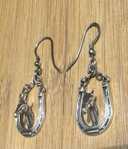 Vintage Sterling Silver Drop/Dangle Hook Horse & Horseshoe Earrings ☆ - Picture 1 of 7