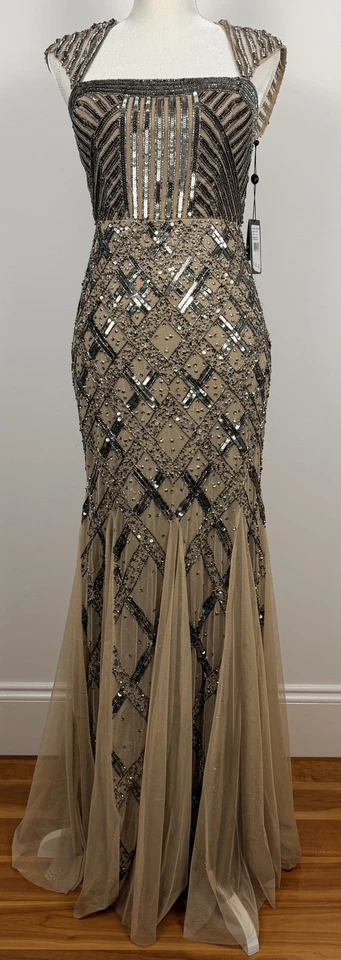 Vestido Formal Adrianna Papell Talla 6P Beige Desnudo Cuentas Lentejuelas Art Deco Gatsby Glam Foto 1 de 4