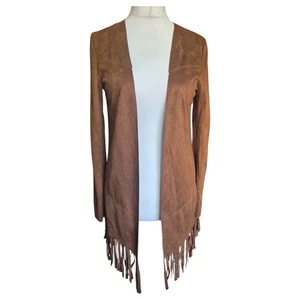 BCBGeneration Western Fringe Suede Look Cardigan Jacket XS UK 6-8 Cognac NWT - Picture 1 of 9