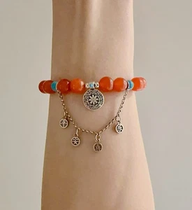 Handmade Red Agate Beaded Bracelet with Chinese Charms & Turquoise Accents - Picture 1 of 2