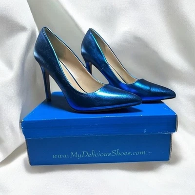 Zapatos de tacón de aguja My Delicious azul metálico Cindy-S | Talla 9 M | Tacones de 4" Foto 1 de 4