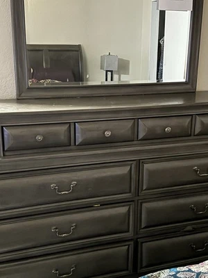 Queen bedroom set with bed frame, two side tables and dresser with mirror  - Image 1 of 4