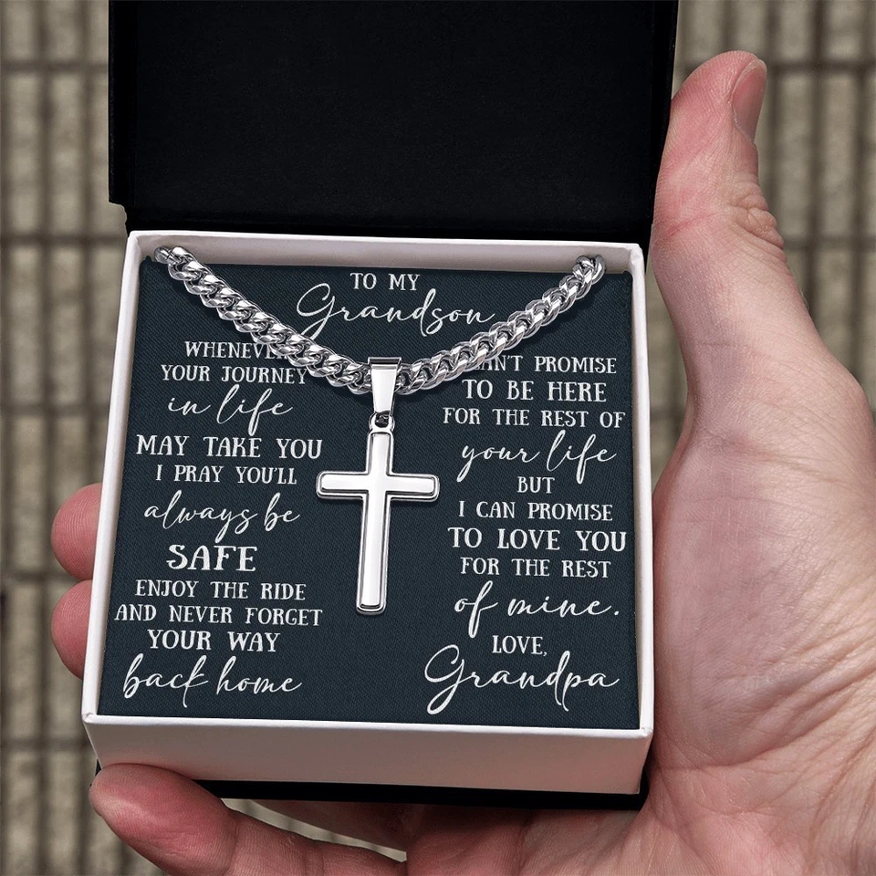 To My Grandson Cross Necklace Faith Protection Jewelry Heartfelt Gift for Him - Image 1 of 1