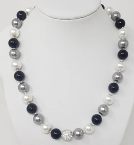 Glass Faux Pearl Black Silver Rhinestone Beaded Necklace - Picture 1 of 4