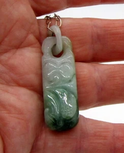 Nachlass Vintage seltene Sterling Silber geschnitzte Jade zweiteilig Blume Blatt Halskette - Bild 1 von 3