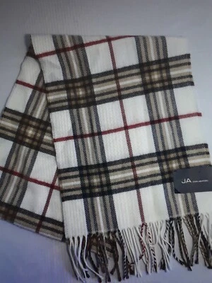 John Ashford Scarf Plaid New Macy's fringe grey brown off white  - Image 1 of 4