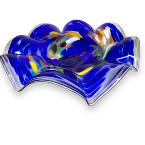 Flower Round Bowl Platter, Glass Mosaic, Table Decor Color Blue Mixed Colors - Picture 1 of 8