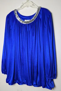 Vintage 1990's Roamans Cobalt Blue Sequin Neckline Blouse Pull Over 28 3X Party - Picture 1 of 5