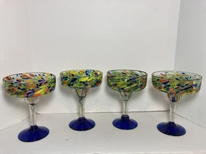 Mouth Blown Margarita Glass Confetti Blue Base Set Of 4 Mexico 6.75” - Picture 1 of 12