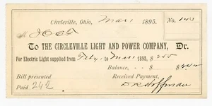 1895 Circleville Ohio Electric Light Receipt Signed DR Hoffman Odd Fellows IOOF - Picture 1 of 2