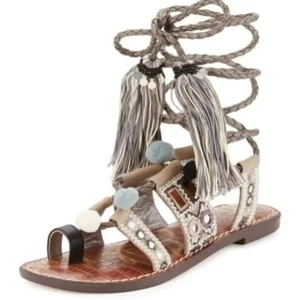 Sam Edelman Gretchen Gray Silver Ankle Wrap Tassel Gladiator Flat Sandal Size 7 - Picture 1 of 16