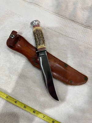 Vintage hunting Knife stag handle 5in blade 9 in overall length  with sheath   - Image 1 of 4