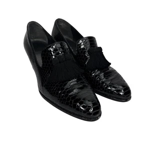 Stuart Weitzman Black Faux Snakeskin Leather Block Heel Tasseled Loafers Sz 9.5M - Picture 1 of 12