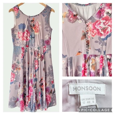 MONSOON Chiffon Floral Dress Size 12 Pleated Nude Butterfly Flower Layered BNWOT - Image 1 of 4