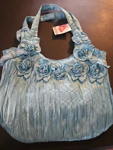 BOLSO Bolso de Mano NUEVO NUEVO CON ETIQUETAS Azul Turquesa Tela Flores 23" Largo Bolso de Moda - Imagen 1 de 12