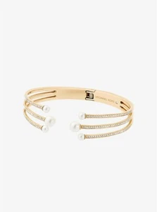 MICHAEL KORS GOLD TONE,CRYSTALS PAVE,WHITE FAUX PEARL,OPEN CUFF BANGLE MKJ6297 - Picture 1 of 2