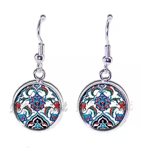 Pretty Ottoman Turkish Iznik Pattern Handmade Resin Dangling Earrings 16MM SIZE - Picture 1 of 7