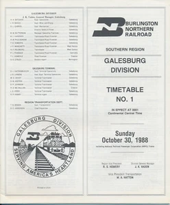 BURLINGTON NORTHERN RAILROAD GALESBURG DIVISION TIMETABLE #1 OCTOBER 30 1988 NEW - Picture 1 of 2