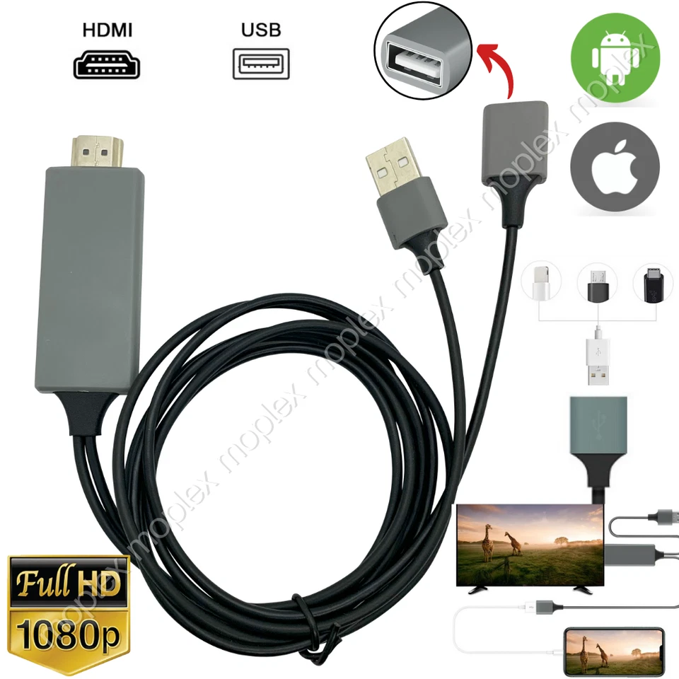 3FT 1080P USB HDMI Cable Phone To Digital TV HDTV AV Adapter For iPhone Android - Image 1 of 4