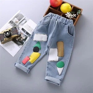 Kids Baby Girls Boys Cartoon Denim Pants Trousers Elastic Pull On Ripped Trouser - Picture 1 of 11